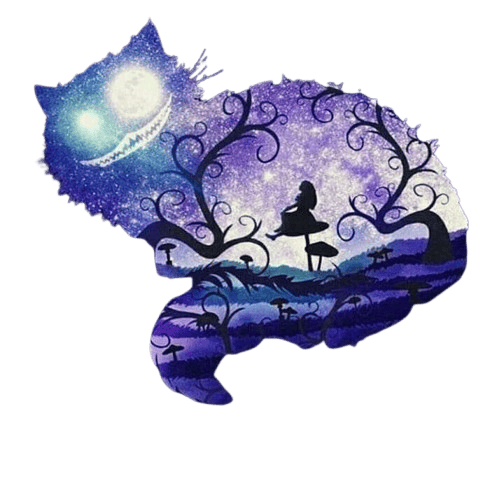 Cheshire cat smiling in front of a crescent moon